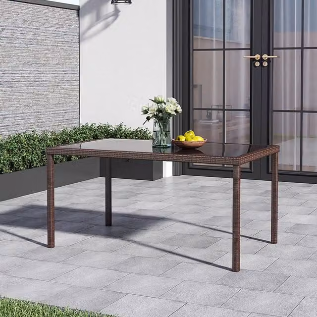 Breeins Brown Rustic Outdoor Wicker Dining Table with Tempered Glass Top