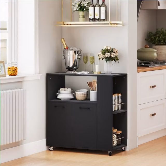 HOMCOM Modern Kitchen Island on Wheels with 2-Door Cabinet and Spice Rack in Black