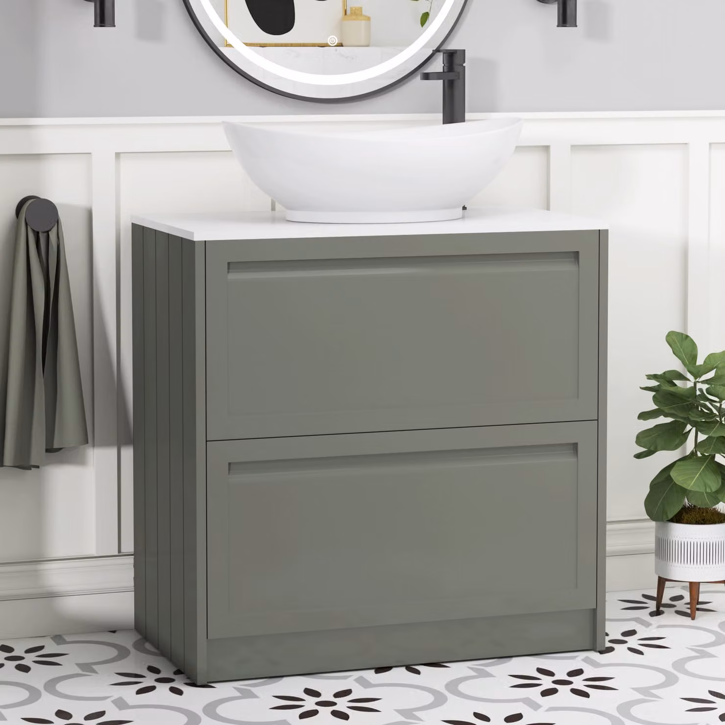 Royal Bathrooms Elmore 800mm Matt Green Floor Standing Vanity Unit with 2 Drawers, Plain White Worktop and Amaze Basin