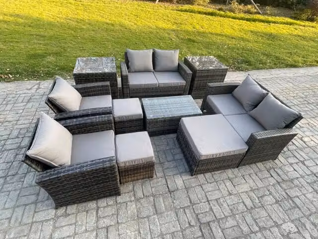 Fimous 10 Piece Outdoor Rattan Garden Furniture Set in Dark Grey with U-Shape Sofa, Coffee Table and Footstools