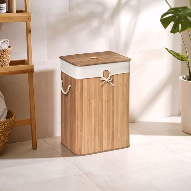 Orsina Kankyo Natural Rectangular Laundry Hamper with Lid, Removable Cotton Bag and Handles in Beige