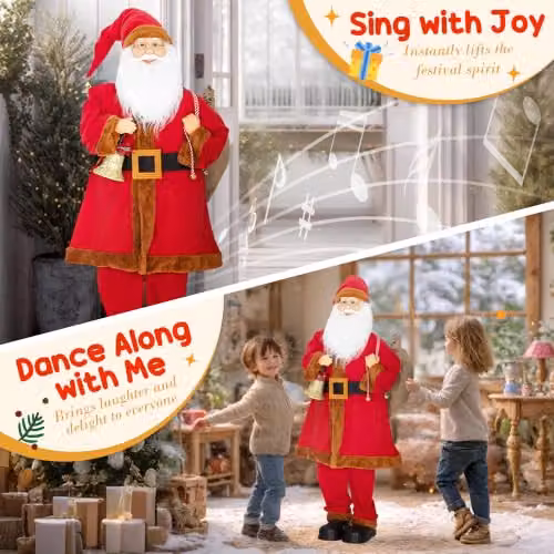 HOMCOM Musical Animated Santa Claus in Red and Gold with Music, Bell and Sack, Height: 120 cm – 3