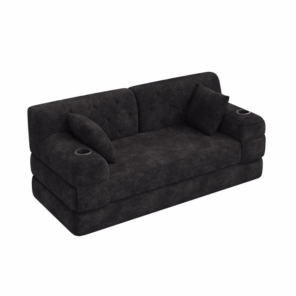 Matteo 2-Seater Corduroy Sleeper Sofa in Black with Cup Holders and Metal Frame – 5