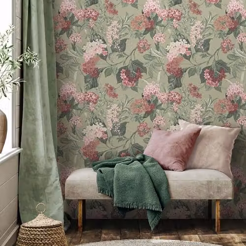 Belgravia Decor Misaki Floral Bold Flower Themed Wallpaper in Sage Green and Pink – 2