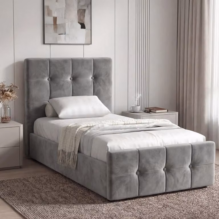 DHS Square Velvet Ottoman Storage Bed Frame, Single (3ft), Grey, W/D/H: 90 x 190 cm
