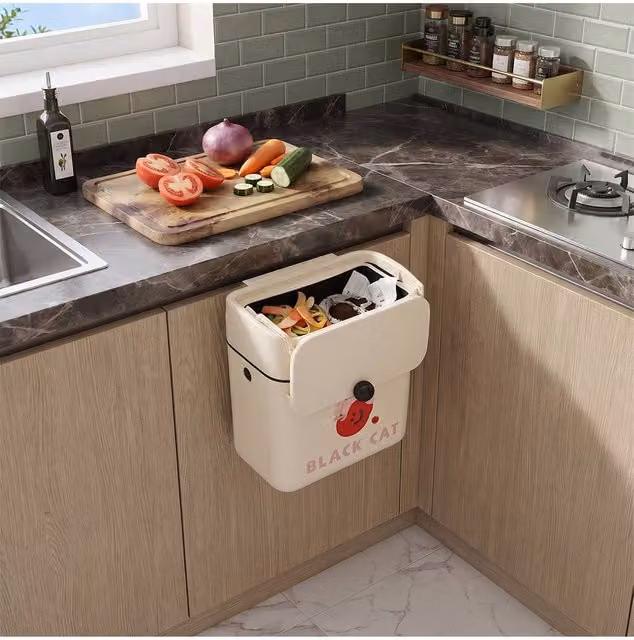 Living and Home Wall Mounted Hanging Kitchen Rubbish Bin with Flip Lid in Beige