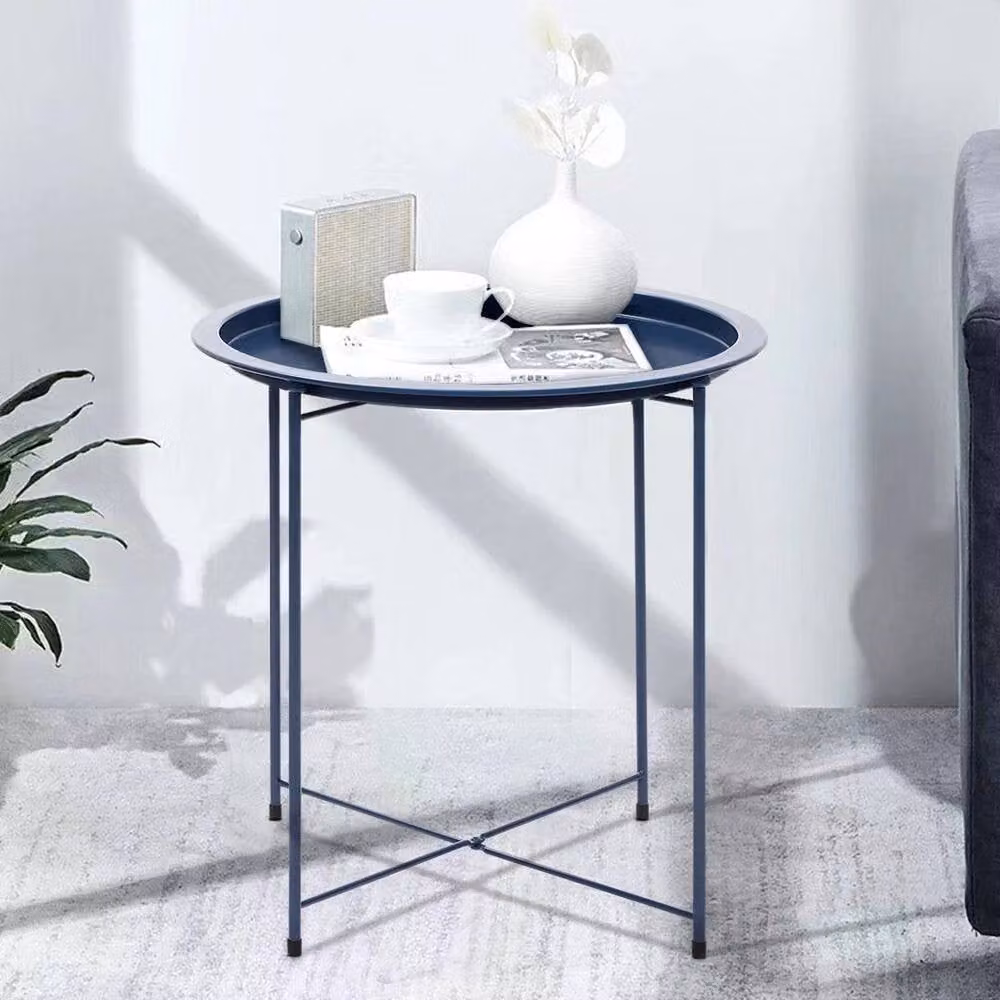PAWNORA Blue Round Foldable Tray Side Table with Metal Legs – 3