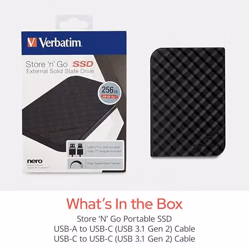 Verbatim Store ’n’ Go 256GB Portable SSD USB 3.2 Gen 1 USB-C External Solid State Drive, Black – 6