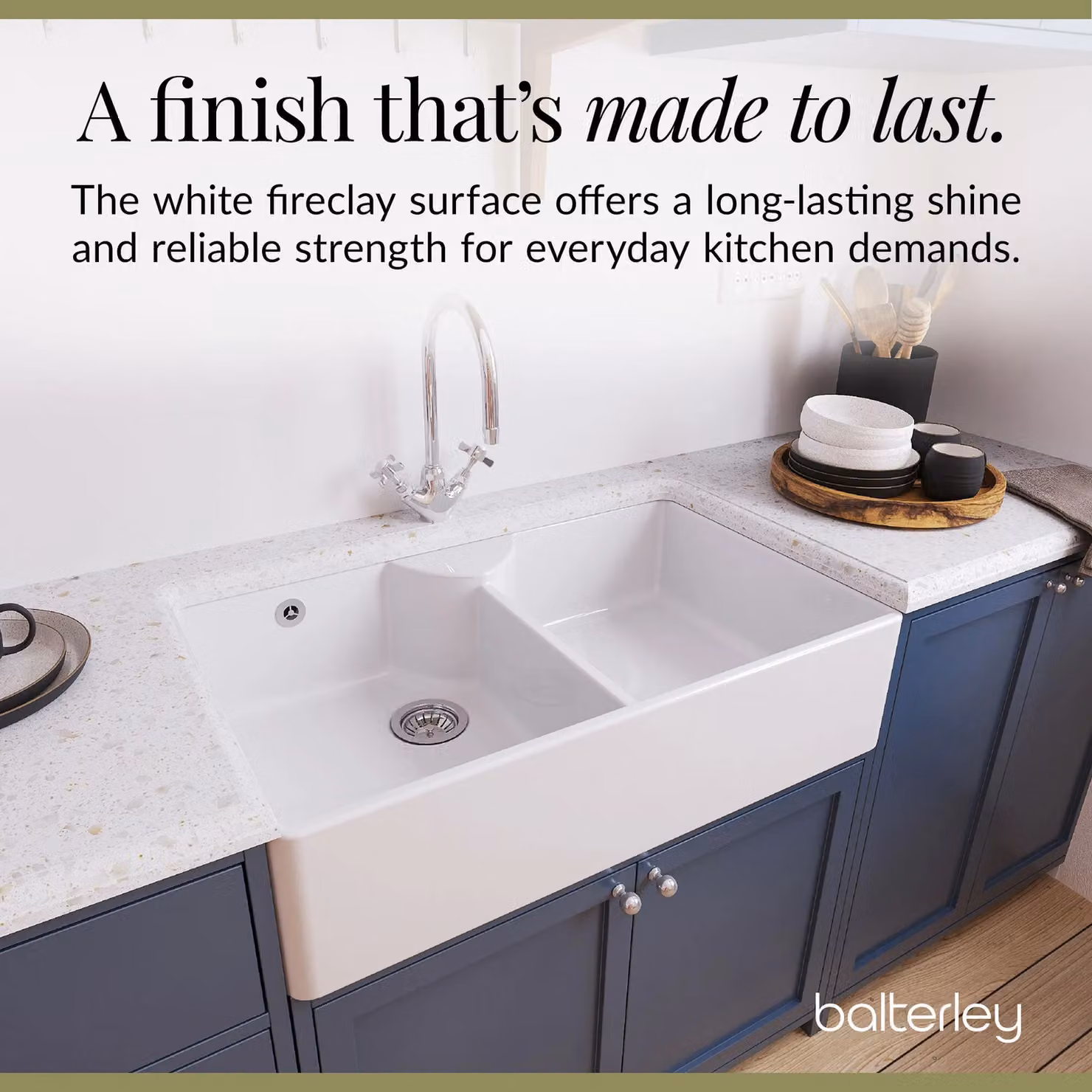 Balterley White Ceramic 2 Bowl Stepped Weir Butler Sink with Overflow and Tap Waste, W: 89.5 cm x D: 55 cm – 3