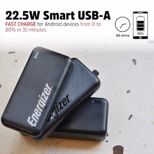Energizer Black Power Bank 10,000mAh with USB-A and USB-C Triple Fast-Charging Ports – 5