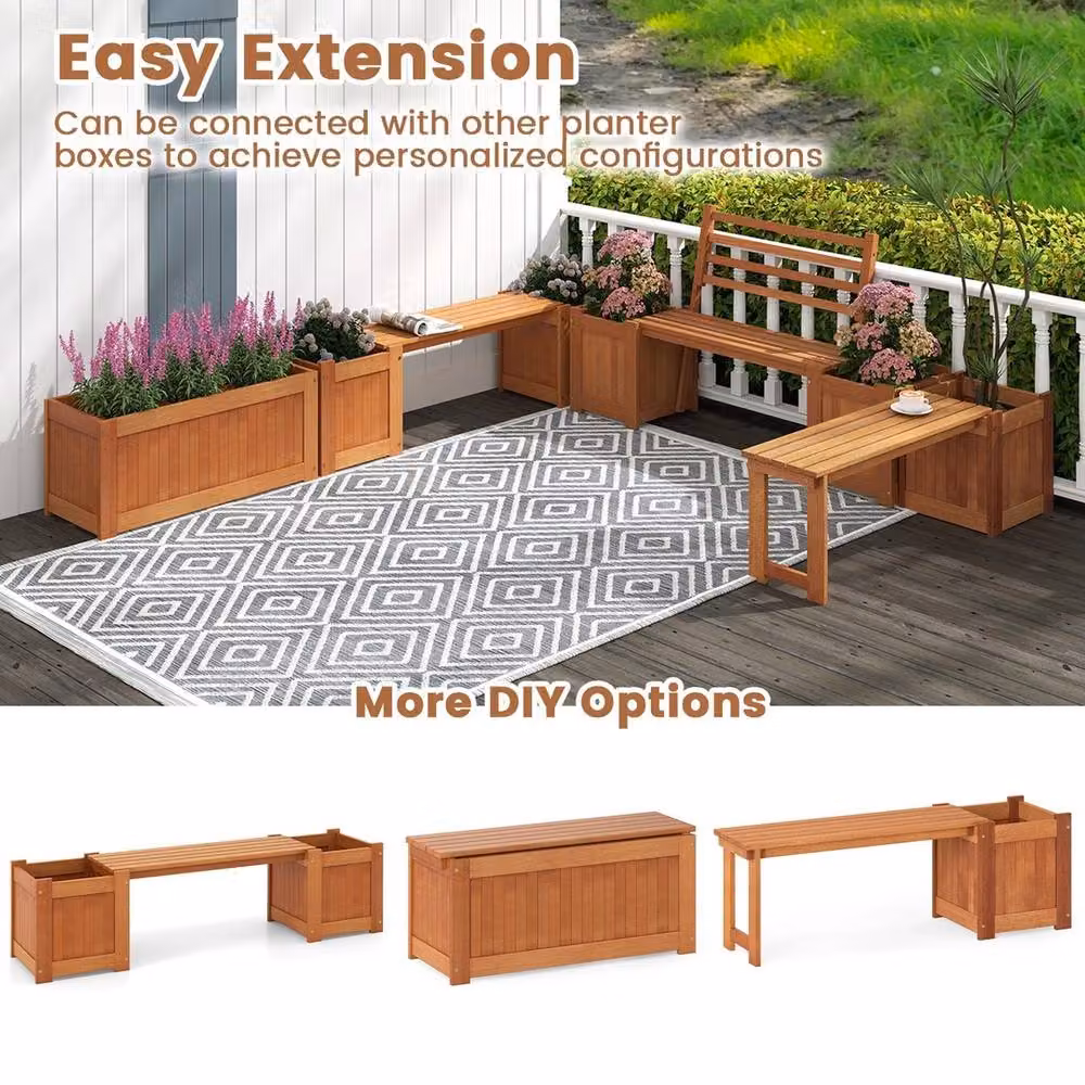 Kelvenix Rustic Oiled Wooden Planter Box with Bench and Backrest in Brown – 5