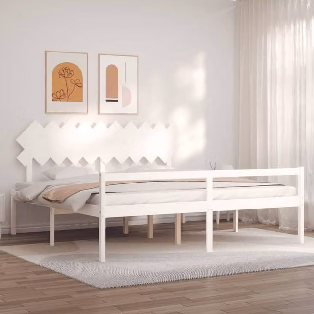 Berkfield Home White Solid Pine Wood Bed Frame with Headboard 200 x 200 cm – 1
