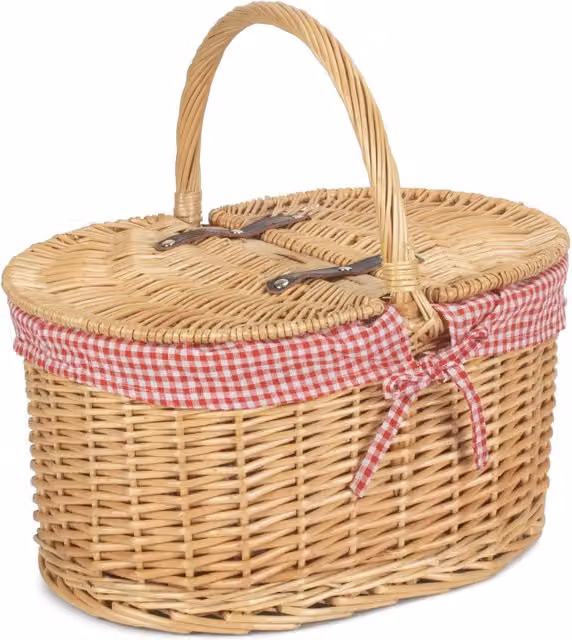 Red Wicker Oval Picnic Basket with Red Check Lining, W: 35.0 cm, D: 23.0 cm, H: 41.0 cm