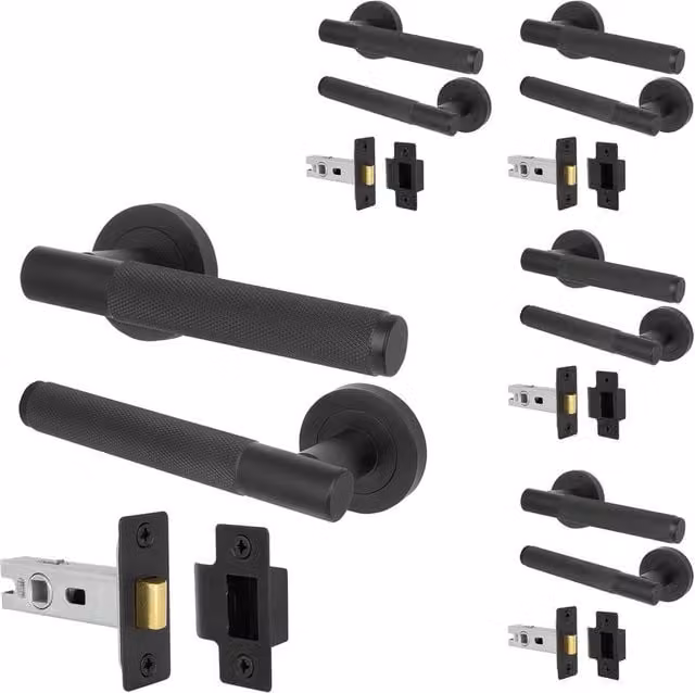 AFIT Matt Black Knurled Round Rose Door Handles with Latch, 5 Pairs, W/D/H: 15 x 15 x 1.5 cm
