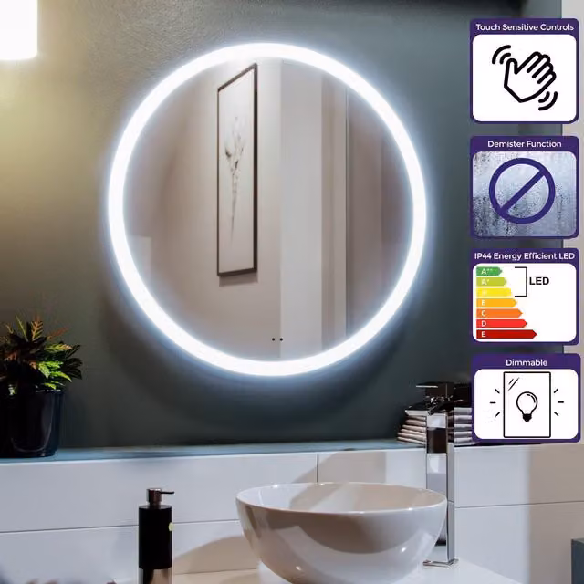 Nes Home Round LED Bathroom Mirror with Motion Sensor, Demister and Anti-fog Function, Silver, Diameter: 600 mm – 1
