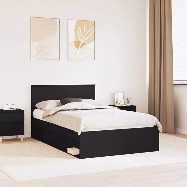 Berkfield Home Modern Bed Frame with Headboard in Black Solid Pine Wood, W/D/H: 120 x 200 cm