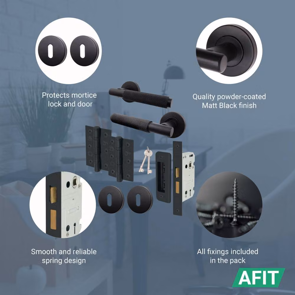AFIT Black Matt Knurled Door Handle Set with Sashlock, Hinges and Escutcheons – 4