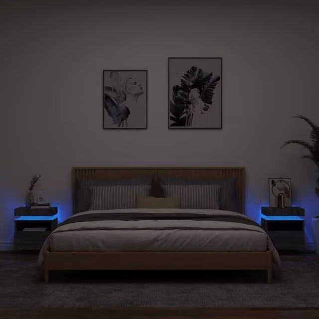 Berkfield Home Set of 2 Grey Sonoma Bedside Cabinets with Integrated LED Lights, W/D/H: 40 x 39 x 48.5 cm