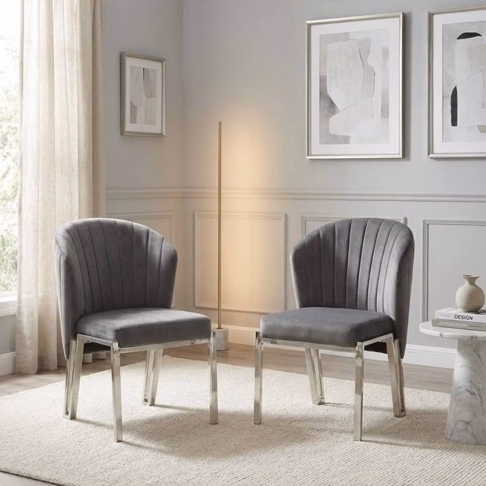 HOME LUXE INTERIOR Set of 2 Fabio Grey Velvet Dining Chairs with Modern Silver Metal Frame – 4