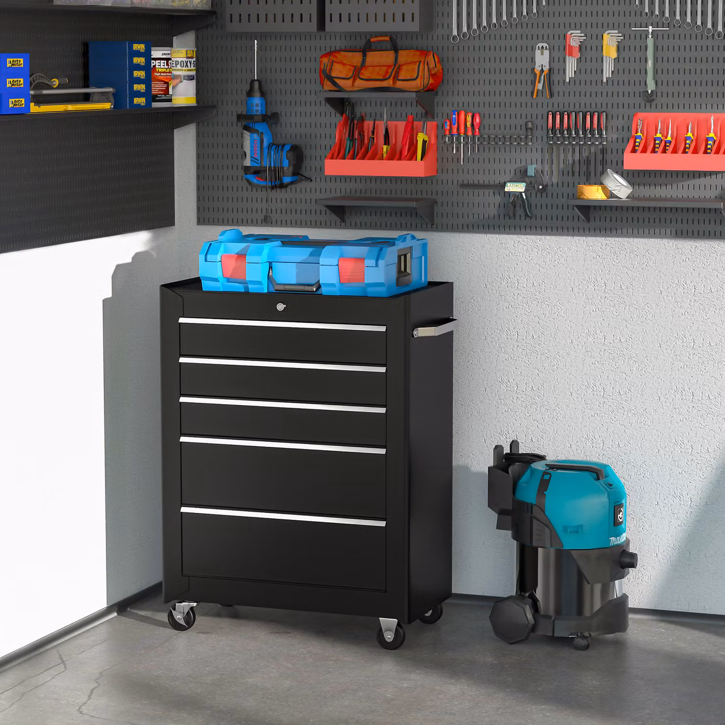 HOMCOM 5-Drawer Lockable Tool Storage Cabinet on Wheels with EVA Pads, Black – 2