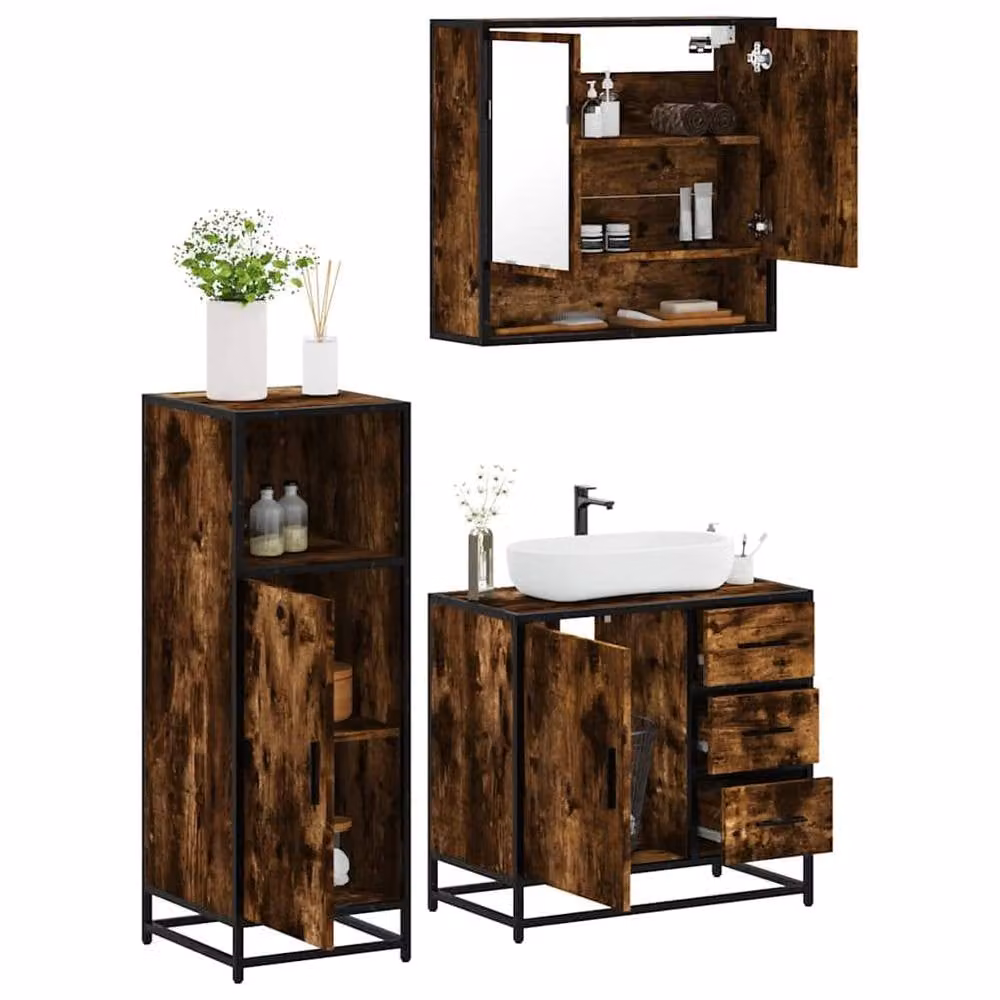 Berkfield Home 3 Piece Industrial Bathroom Furniture Set in Smoked Oak Brown featuring Mirror Cabinet, Vanity Unit and Tall Cabinet – 2
