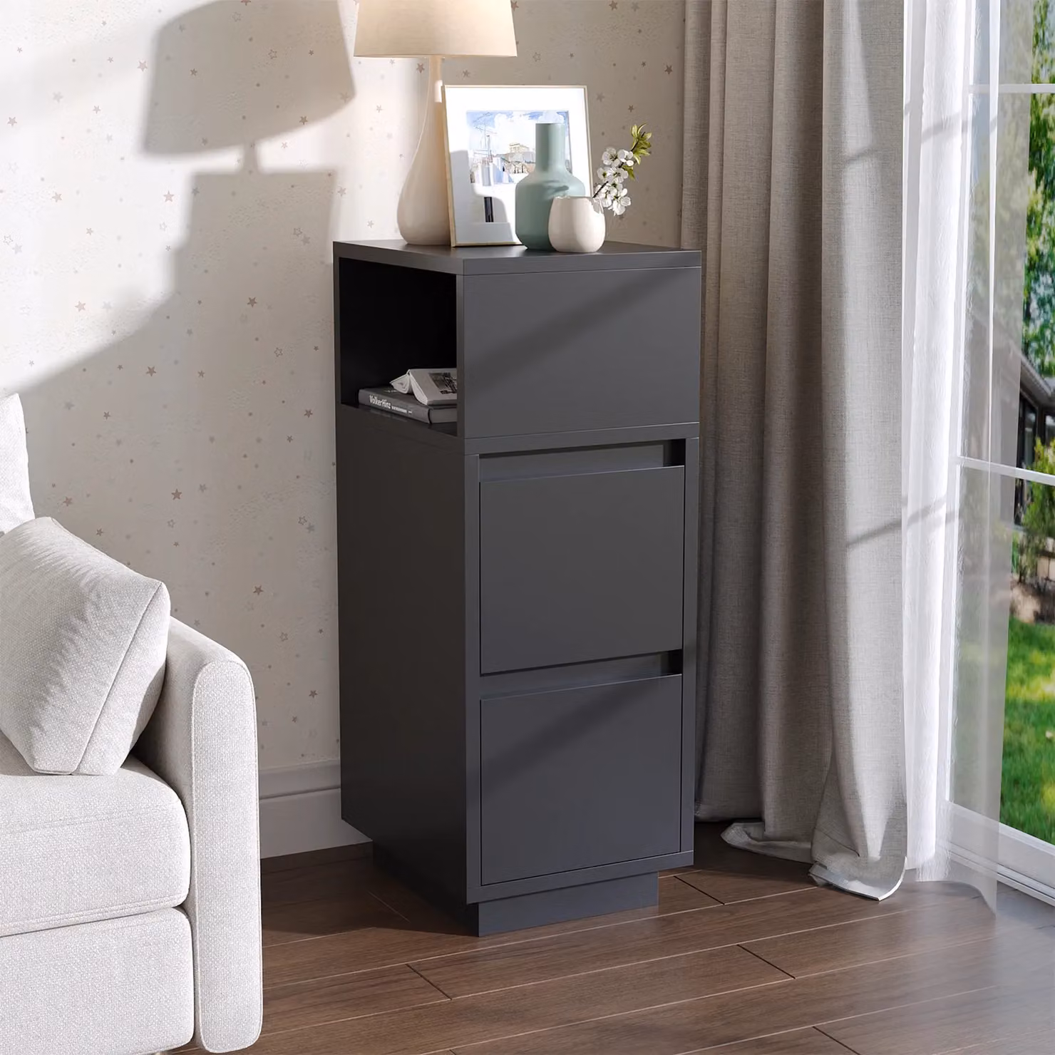 Living and Home Minimalist Bedside Table with Drawers in Matt Black, W/D/H: 65 x 30 x 1 cm – 3