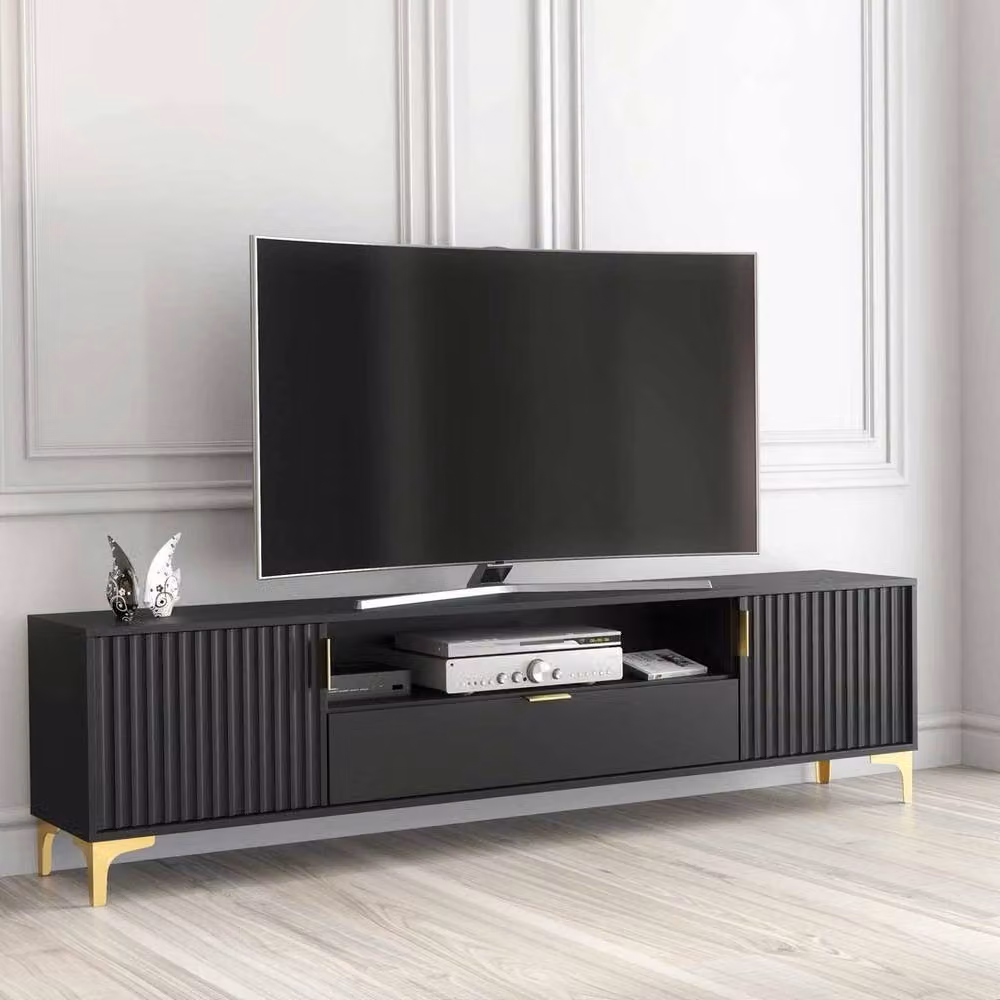FORGEVIO Modern Black and Gold Fluted Wood TV Unit Sideboard with Media Storage – 3