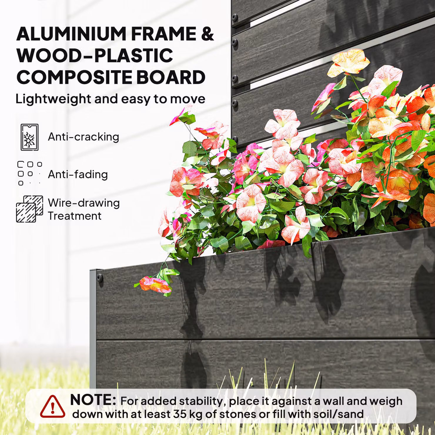 Outsunny Black Raised Garden Bed with Trellis for Climbing Plants, WPC and Aluminium Planter Box for Vegetable, Herb or Ornamental Gardens, W/D/H: 180 x 90.5 x 38 cm – 5