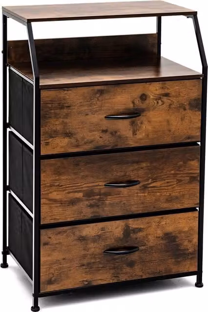 Costway 3 Drawer Dresser with Top Shelf, Brown Industrial Foldable Drawer Chest Cabinet – 1