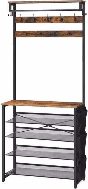 NESTLUNE Hall Tree Coat Stand with Shoe Storage Bench in Brown