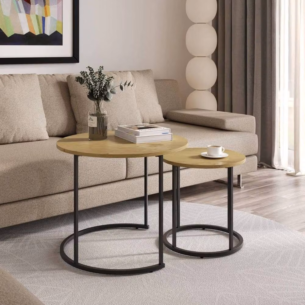 Havendro Wild Oak Nesting Tables Set of 2, Industrial Round Side Tables in Light Oak, W/D/H: 60 x 60 x 50.5 cm and 60 x 60 x 40.5 cm – 3