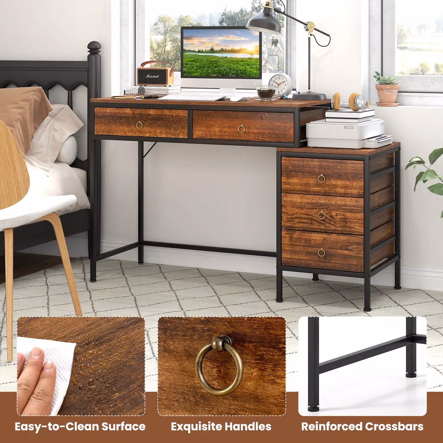 Costway Home Office Computer Desk with Side File Cabinet and 5 Drawers in Brown and Black – 4