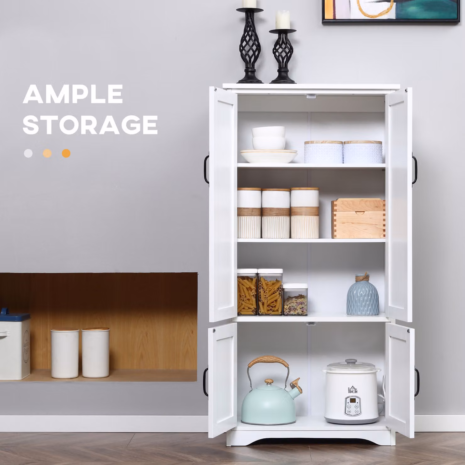 HOMCOM White Modern Accent Floor Storage Cabinet and Kitchen Pantry with Adjustable Internal Shelves and 2 Hinged Doors – 2