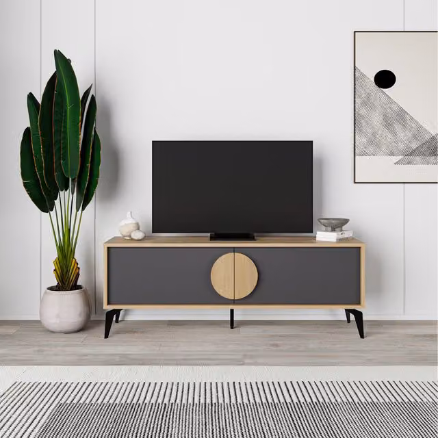 Decortie Gora Modern TV Unit with 2 Door Storage Cabinet, Oak and Silky Black, W: 140 cm, H: 51 cm, D: 35.5 cm