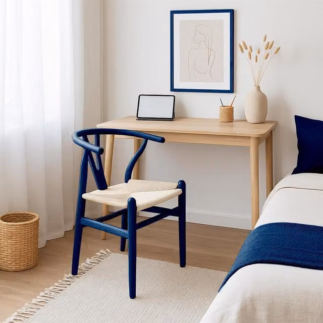 Nicholas Winter Scandinavian Style Beech Wood Dining Chair in Blue Fabric
