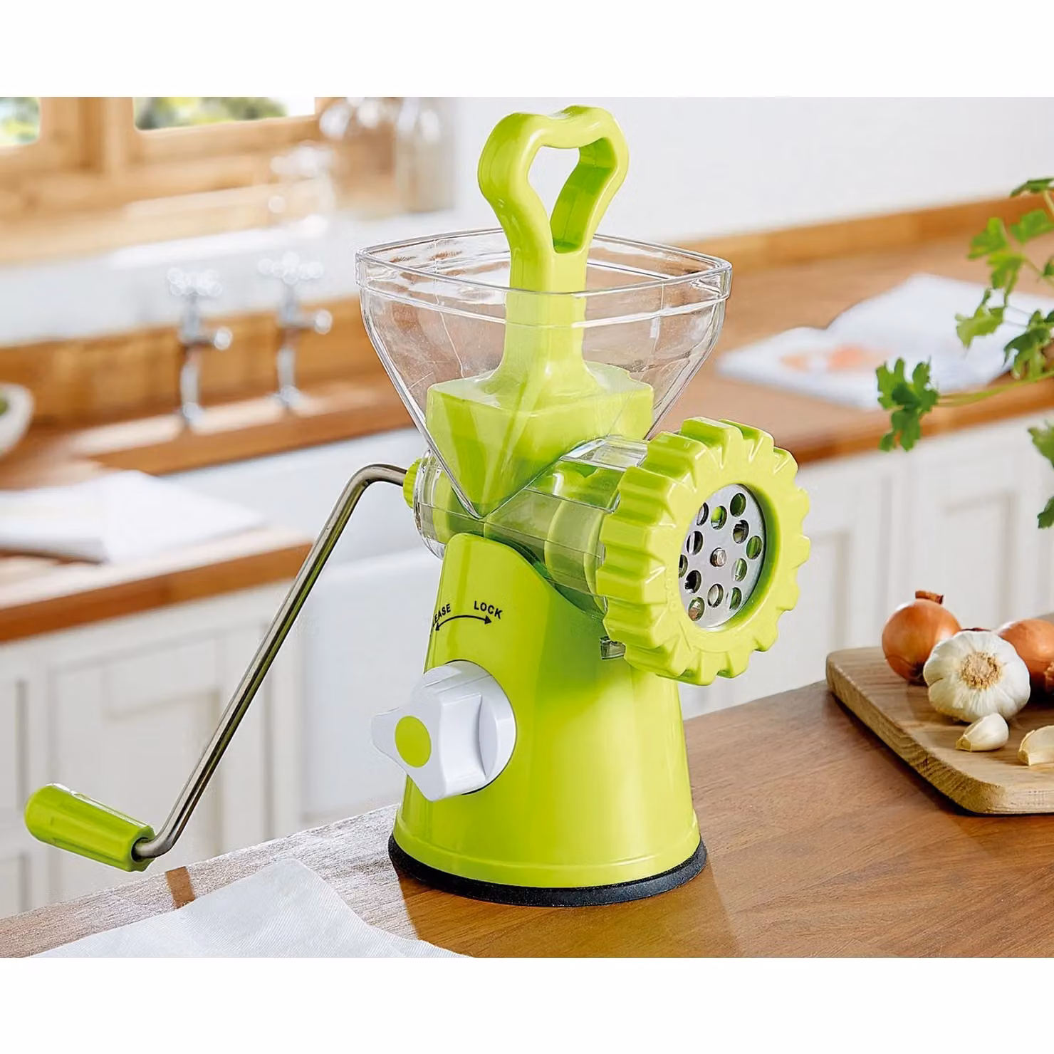 mysmartbuy Manual Hand Operated Meat Grinder with Wide Hopper, Three Blades and Sausage Nozzle in Green and Silver – 2