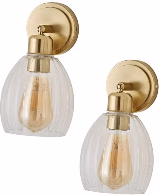 ValueLights Cheltenham Pair of Adjustable Ribbed Glass Dome Wall Lights in Gold/Brass – 1
