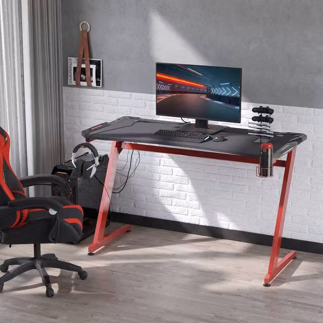 HOMCOM Black Modern Gaming Desk with Metal Frame and Grommet