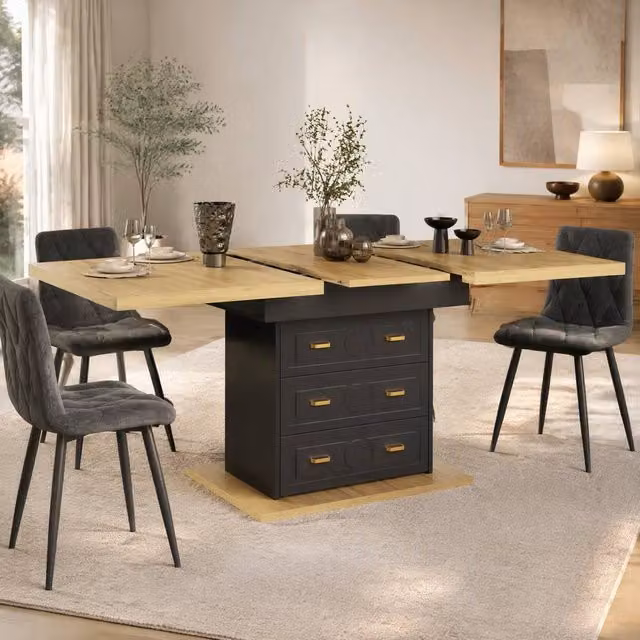 STILVORA Extendable Rectangular Dining Table with Storage and Drawers in Black, H 75 cm x W 110 cm