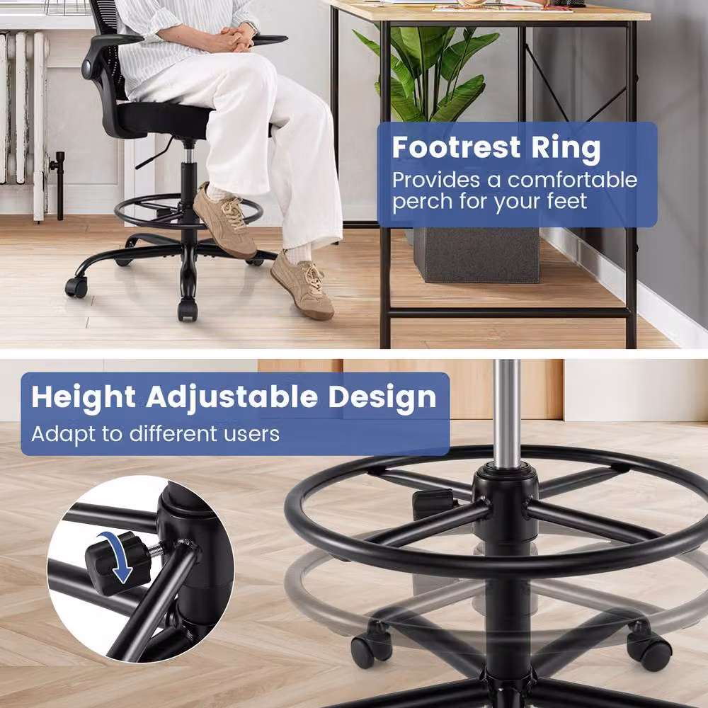Costway Black Ergonomic Drafting Chair with Swivel, Armrests and Foot Ring – 6