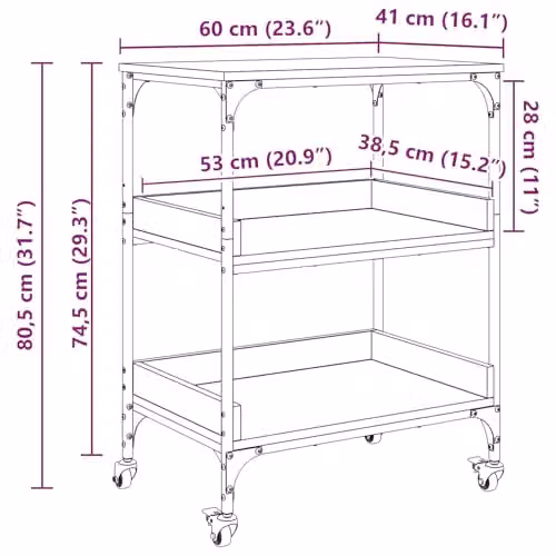 vidaXL Industrial Kitchen Trolley in Black Oak, W/D/H: 60 x 41 x 80.5 cm – 3