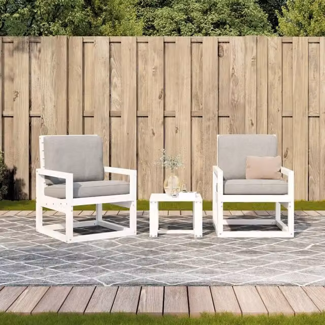 Berkfield Home Beautiful 3 Piece White Solid Pine Wood Garden Lounge Set – 1