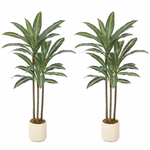HOMCOM Set of 2 Artificial Dracaena Trees with Bendable Trunks, Green and White, Height: 90 cm