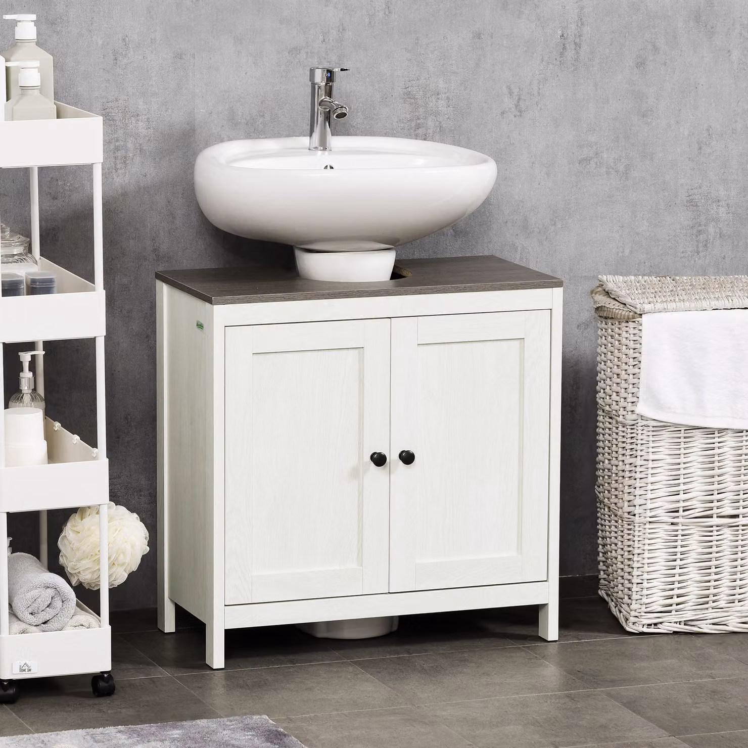 Kleankin Modern Floor Standing Bathroom Sink Cabinet in Antique White with Adjustable Internal Shelf and Double Hinged Doors – 2