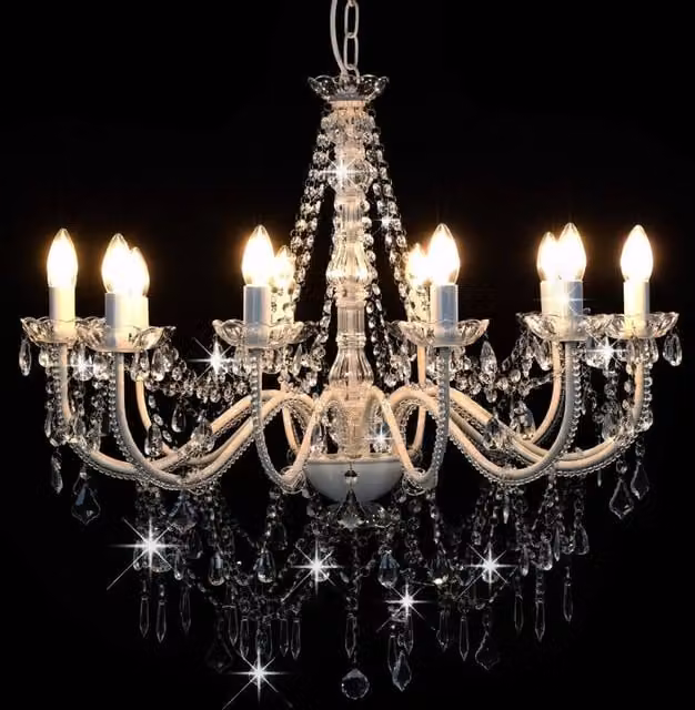 Berkfield Home Beautiful White Chandelier with Transparent Crystal Beads and 12 x E14 Bulbs