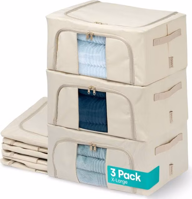 LIVIVO 3 Pack Foldable and Stackable Storage Bags in Beige with Steel Frame and Clear Windows