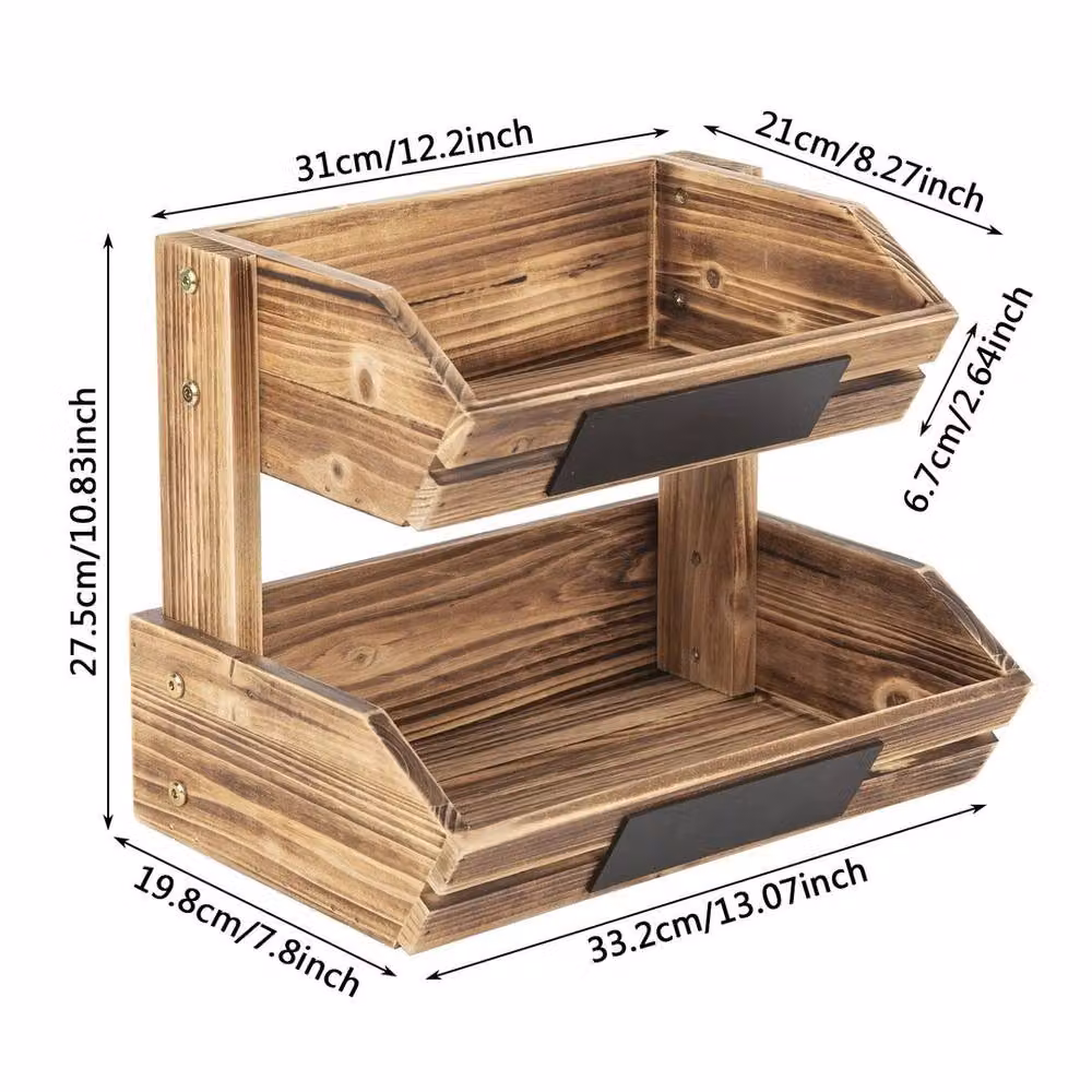 KORVIXA Rustic Chic 2-Tier Wood Kitchen Display Basket in Brown, Width: 100 cm – 2