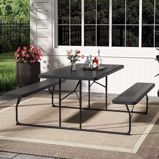 Livingandhome Foldable Picnic Table and Bench Set with Parasol Hole in Black