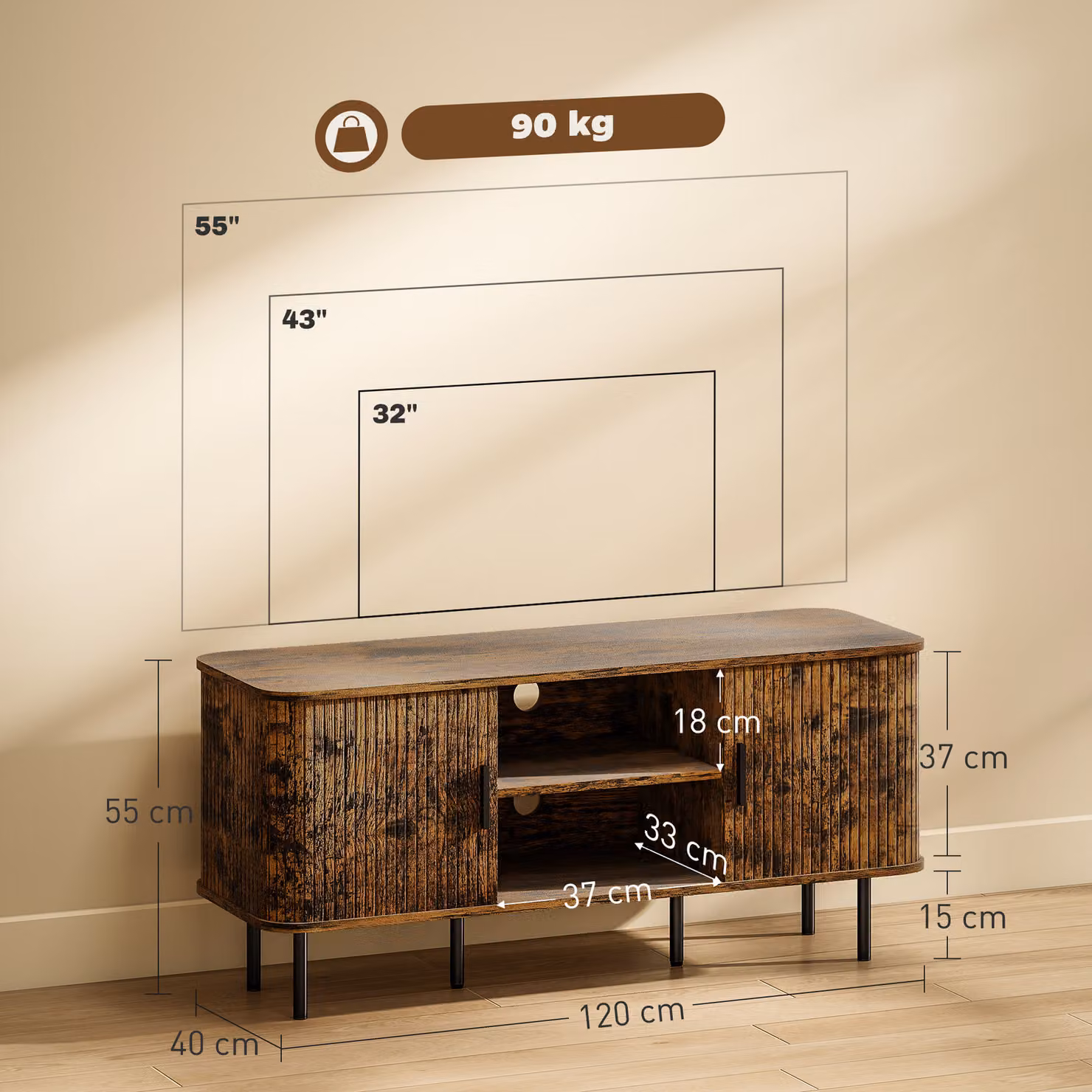 HOMCOM Rustic Brown TV Stand Cabinet for TVs up to 55 Inches with Storage Shelves and Cupboard – 3