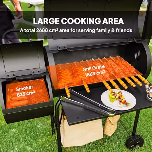 Outsunny Black Steel Offset Charcoal BBQ Grill with Thermometer and Wheels, W/D/H: 120 x 60 x 109 cm – 4